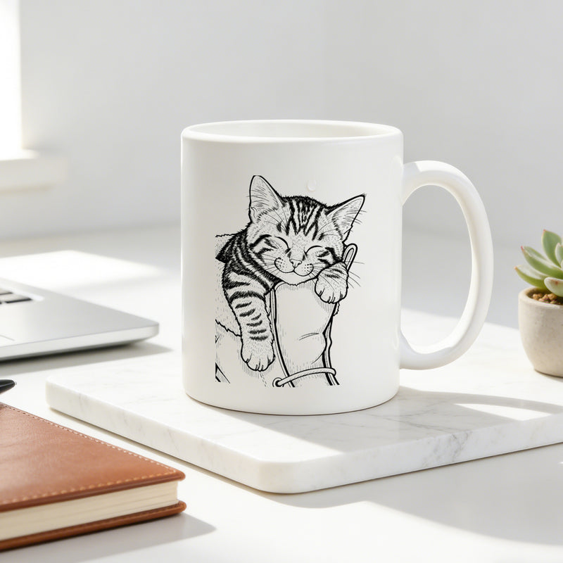 Tailorly White Ceramic 11 oz Mug - cute tabby kitten line art cat