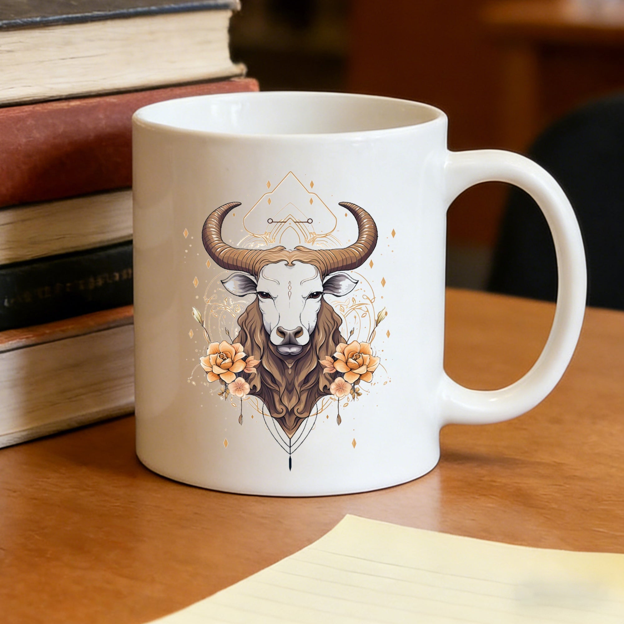 Tailorly White Ceramic 11 oz Mug - zodiac bull floral boho