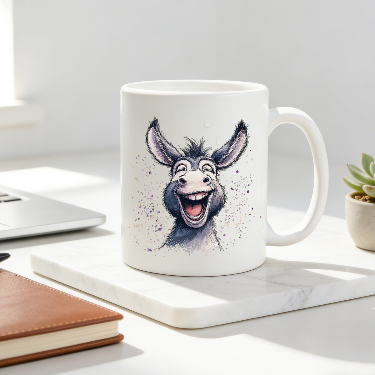 Tailorly White Ceramic 11 oz Mug - laughing donkey watercolor splash artwork