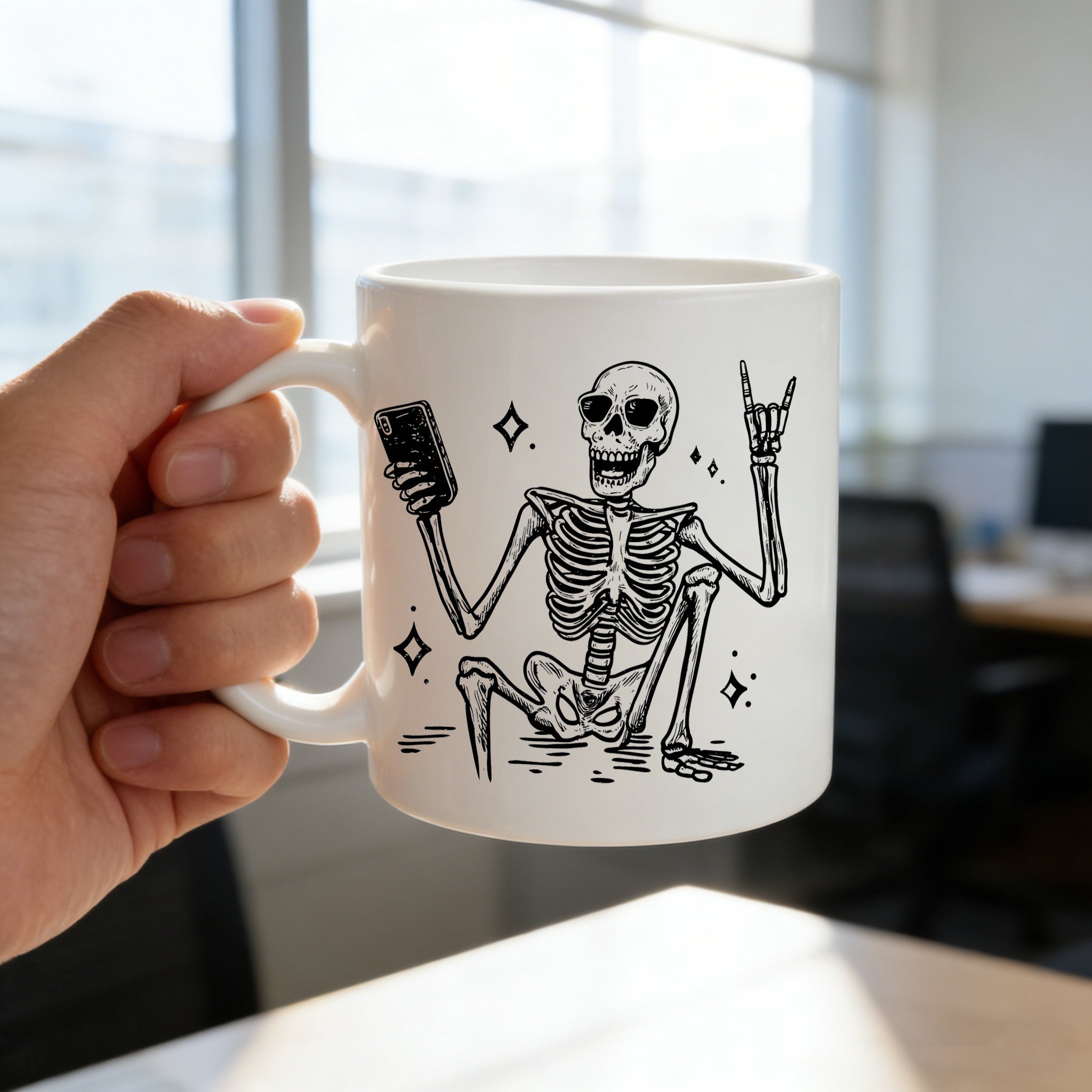 Tailorly White Ceramic 11 oz Mug - cool skeleton with phone and hand gesture