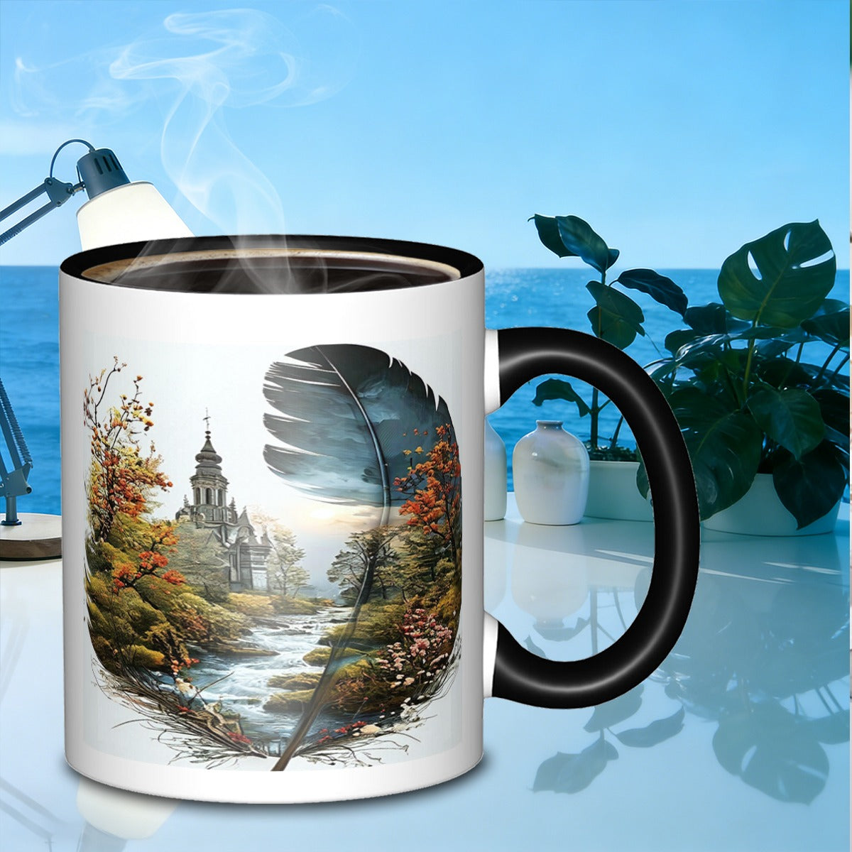 Tailorly Black Accent 11 oz Mug - feathered autumn landscape scene