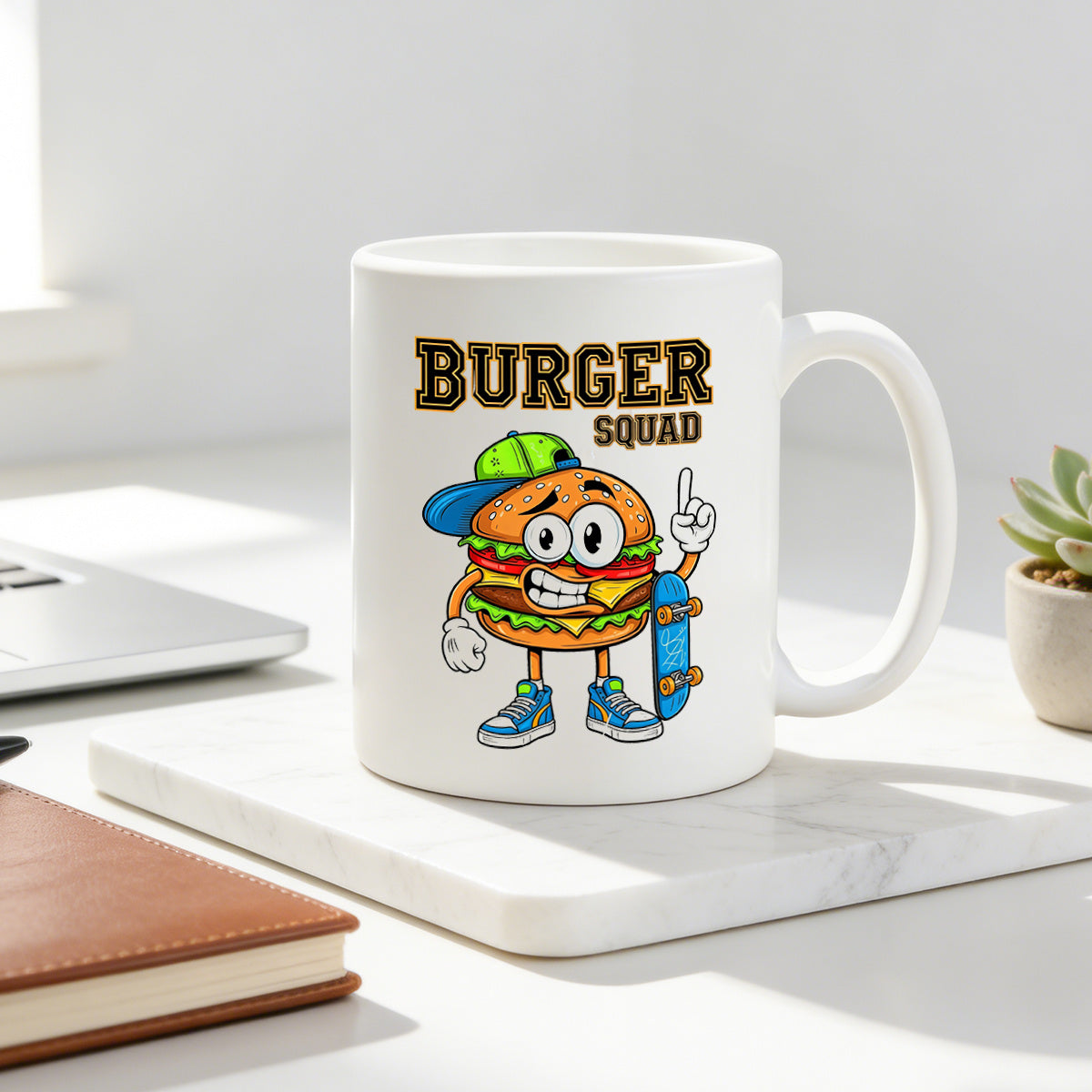Tailorly White Ceramic 11 oz Mug - squad skateboarding burger coffee cartoon graphic