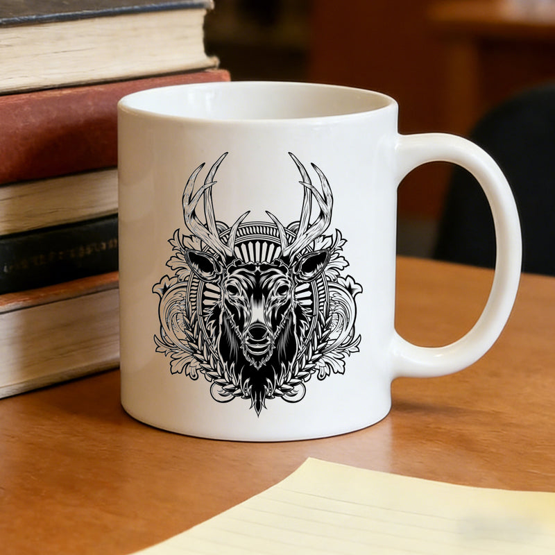 Tailorly White Ceramic 11 oz Mug - gothic stag with intricate design