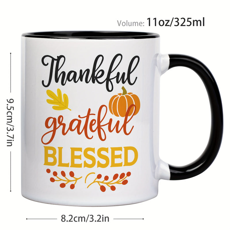 Tailorly Black Accent 11 oz Mug - thankful grateful blessed cursive lettering autumn leaf pumpkin design