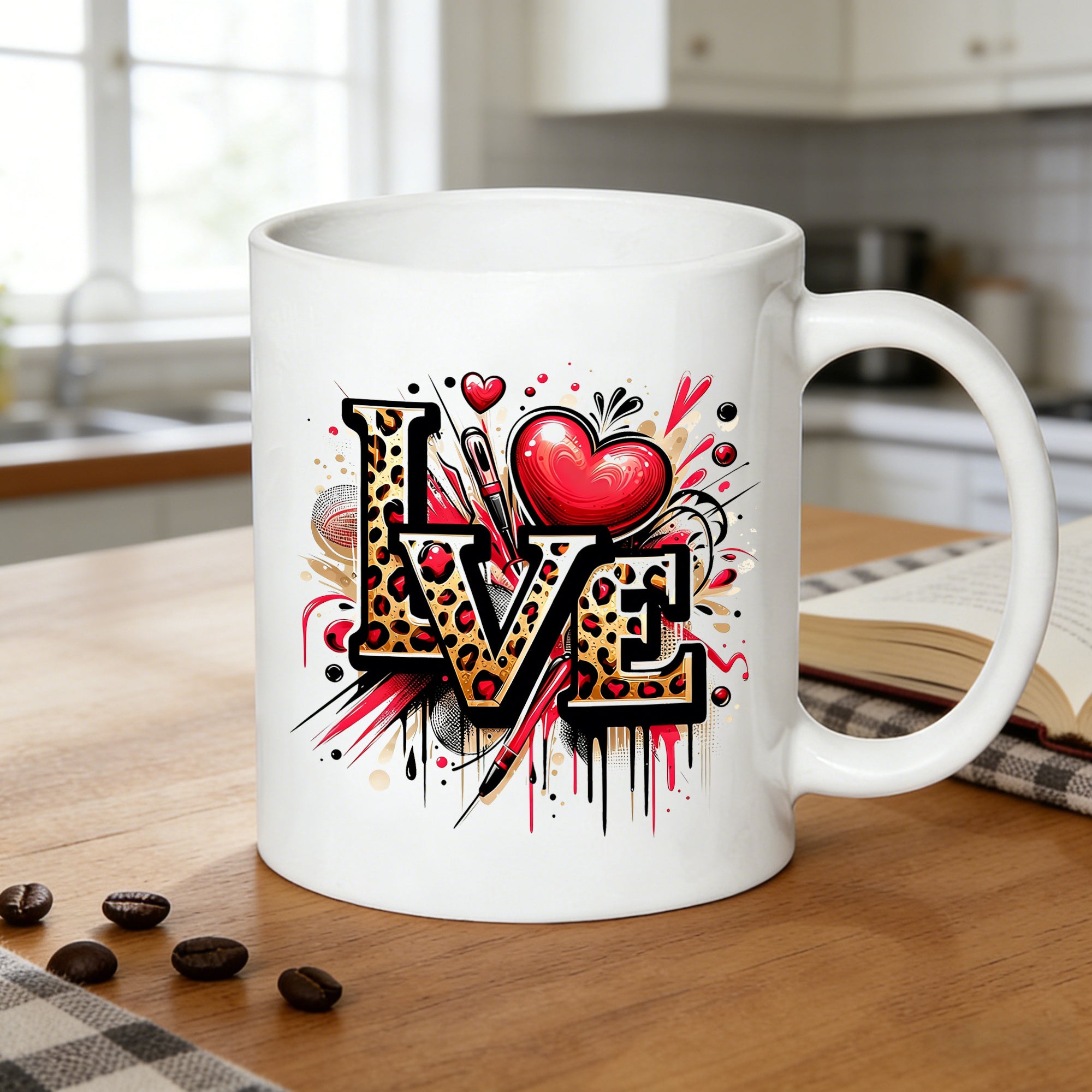 Tailorly White Ceramic 11 oz Mug - leopard pattern heart and graffiti design