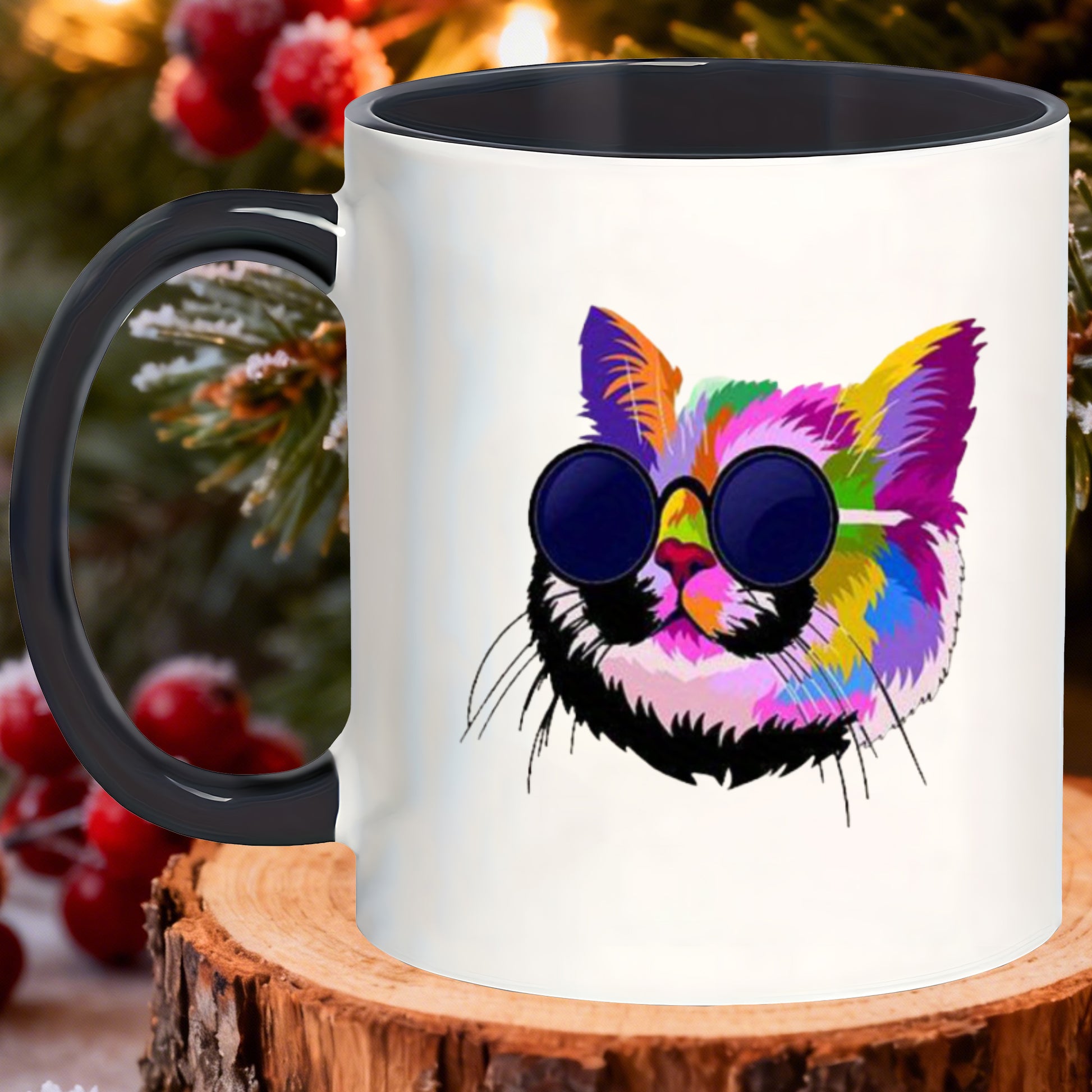 Tailorly Black Accent 11 oz Mug - colorful cat with fashion glasses