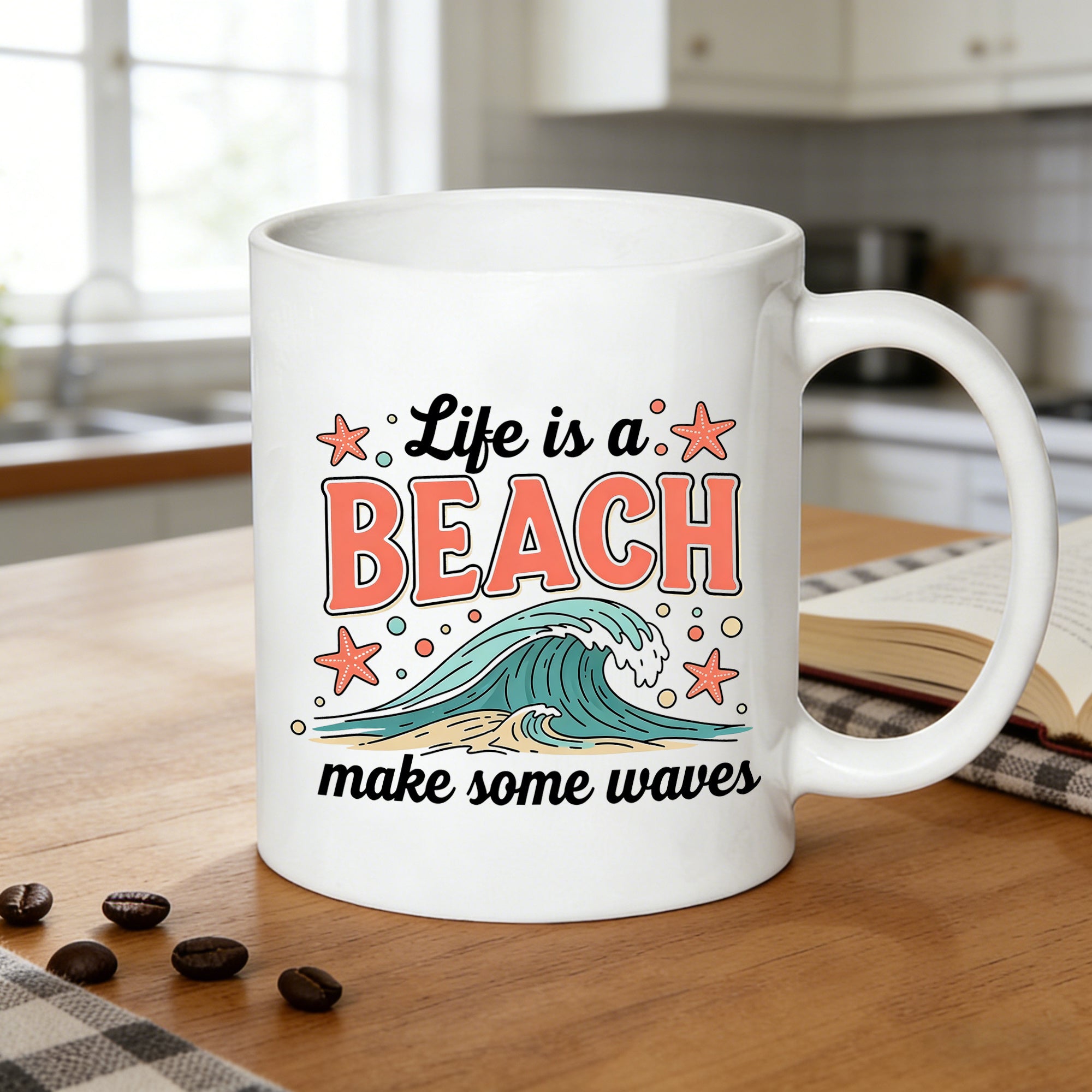 Tailorly White Ceramic 11 oz Mug - beach-themed print