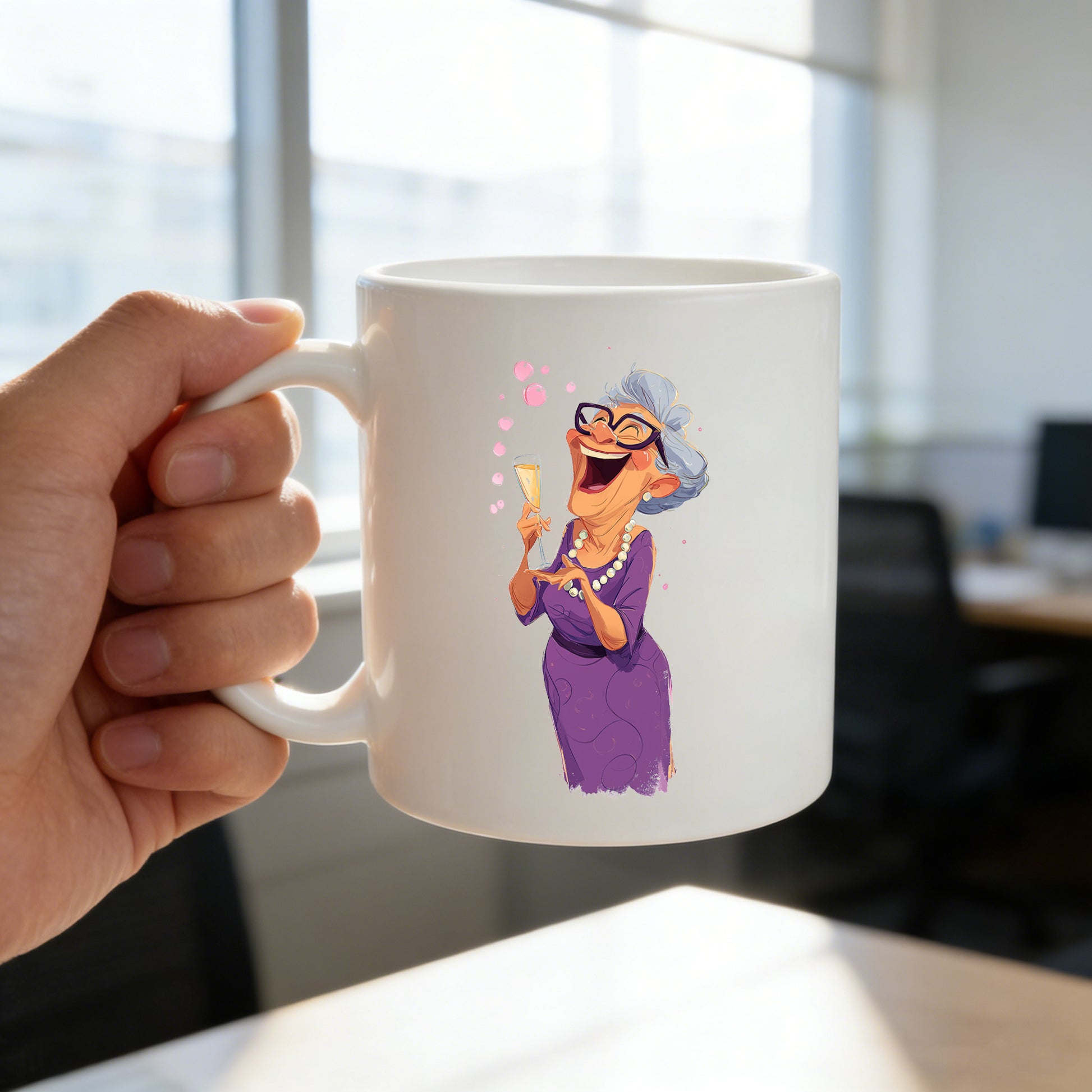 Tailorly White Ceramic 11 oz Mug - 1pc of a whimsical coffee mug featuring a in a purple outfit holding parties this 11oz novelty cup a gift