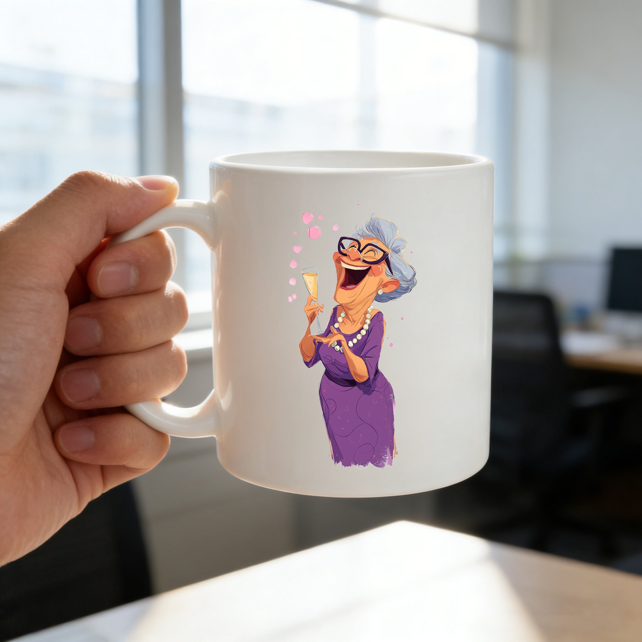 Tailorly White Ceramic 11 oz Mug - 1pc of a whimsical coffee mug featuring a in a purple outfit holding parties this 11oz novelty cup a gift