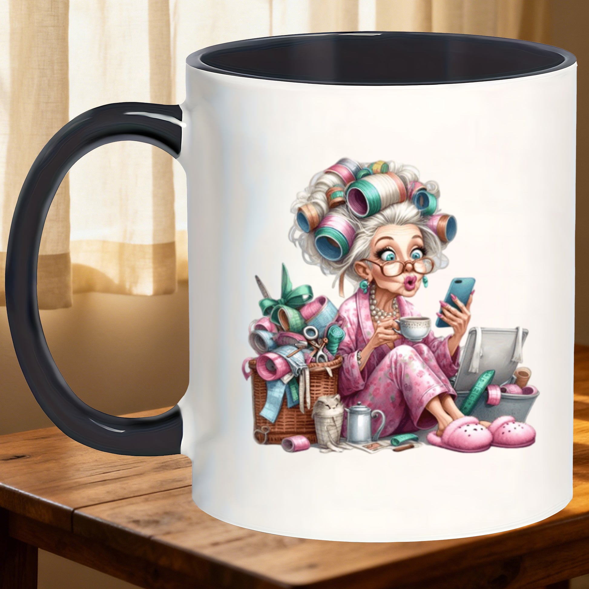 Tailorly Black Accent 11 oz Mug - unique mugs shaped chic grandmas sewing time