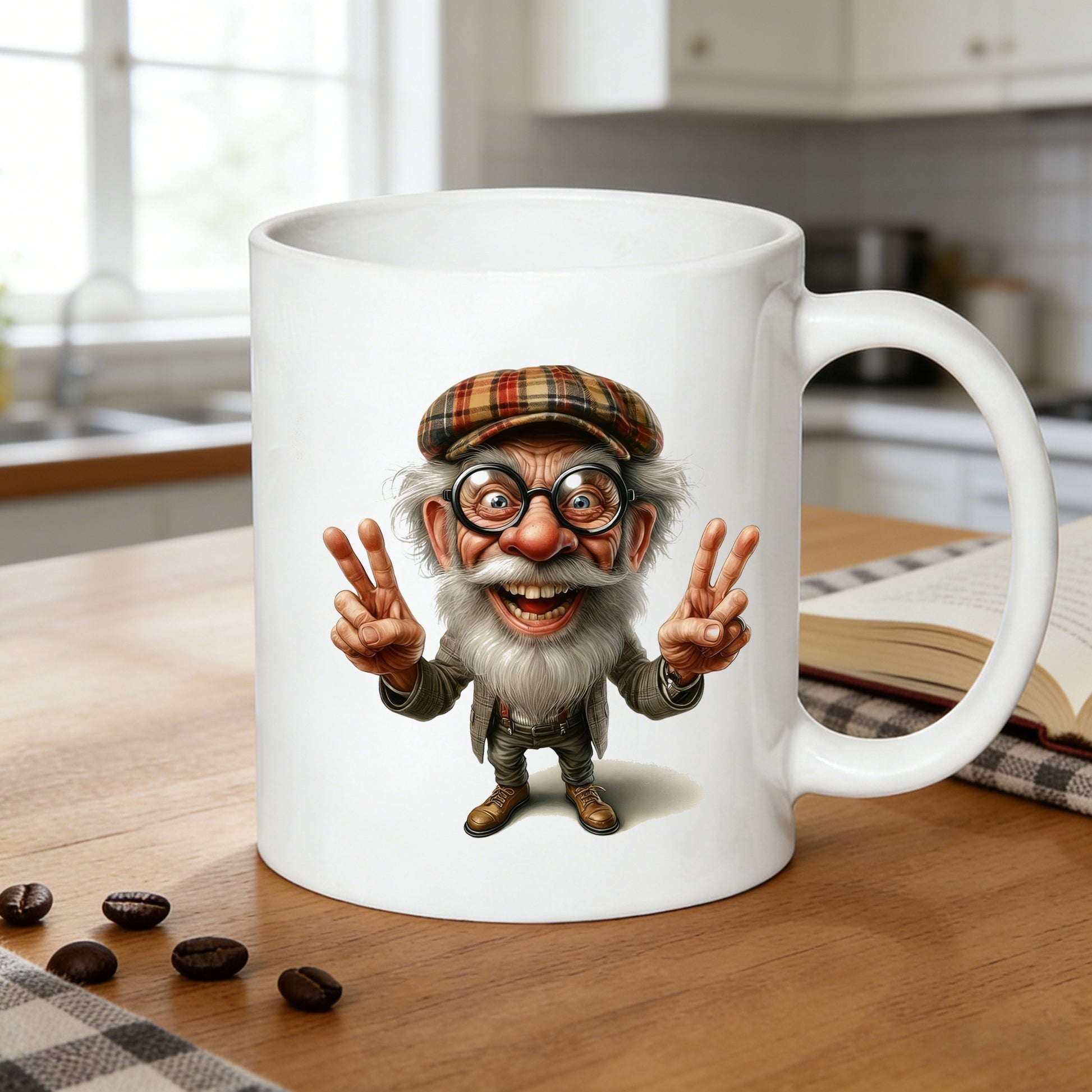 Tailorly White Ceramic 11 oz Mug - peace sign old man cartoon grandpa with cap