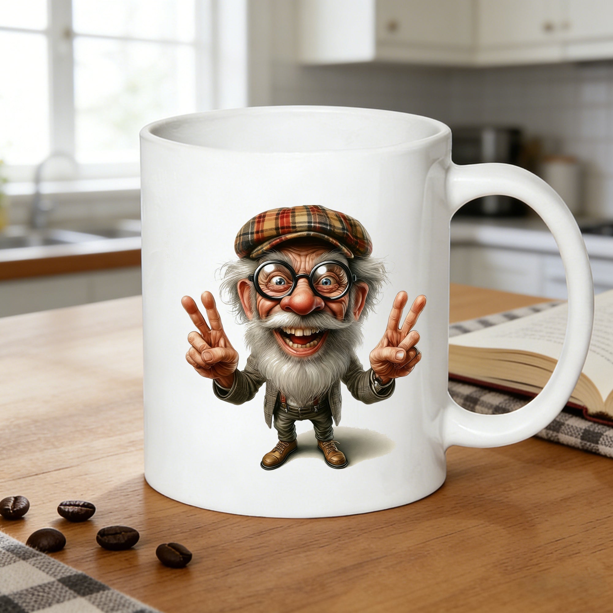 Tailorly White Ceramic 11 oz Mug - peace sign old man cartoon grandpa with cap