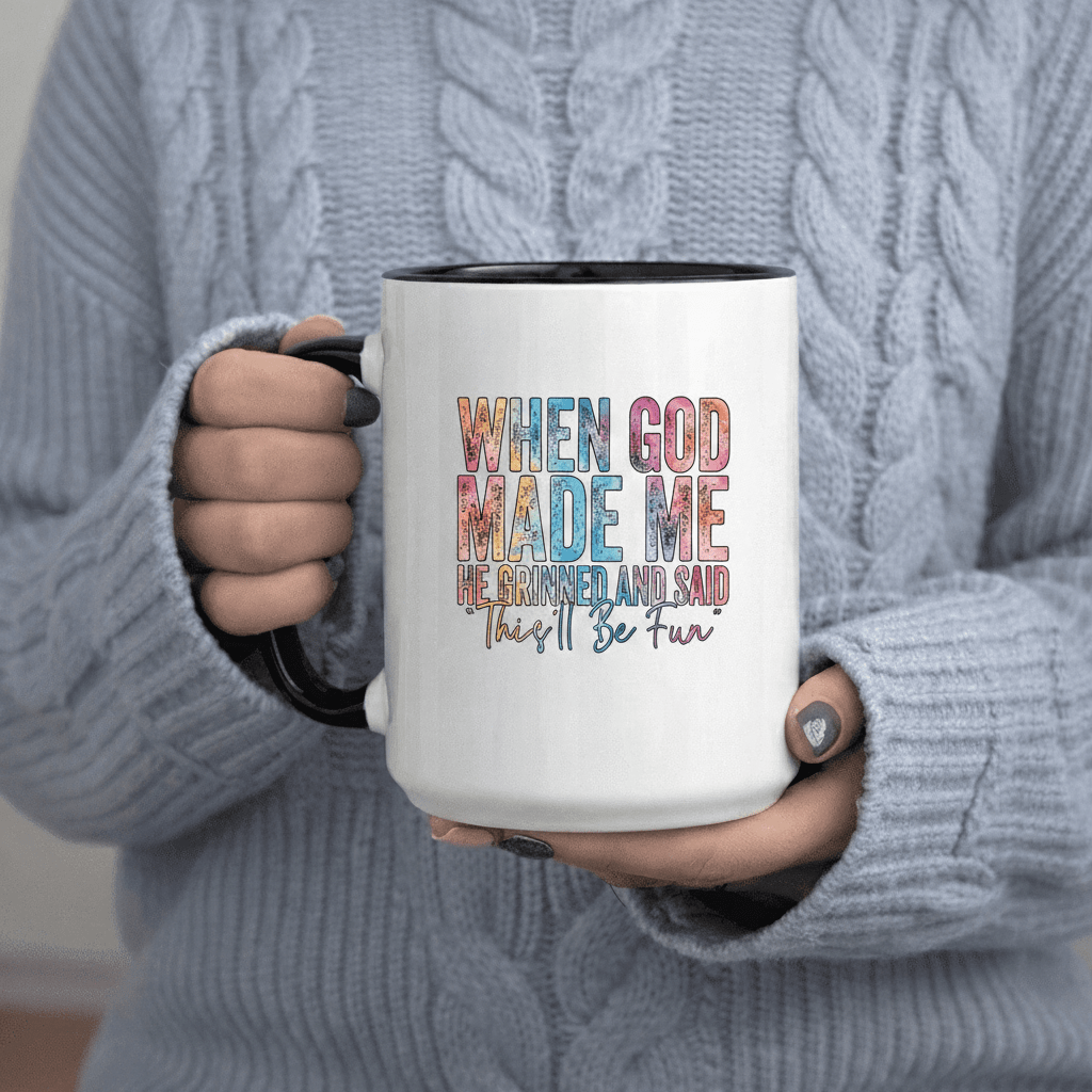 Tailorly Black Accent 11 oz Mug - When God He Grinned And This ll 11oz Printed Ceramic Mug Coffee Mug Drinking Cups Illustration Inspirational Quote