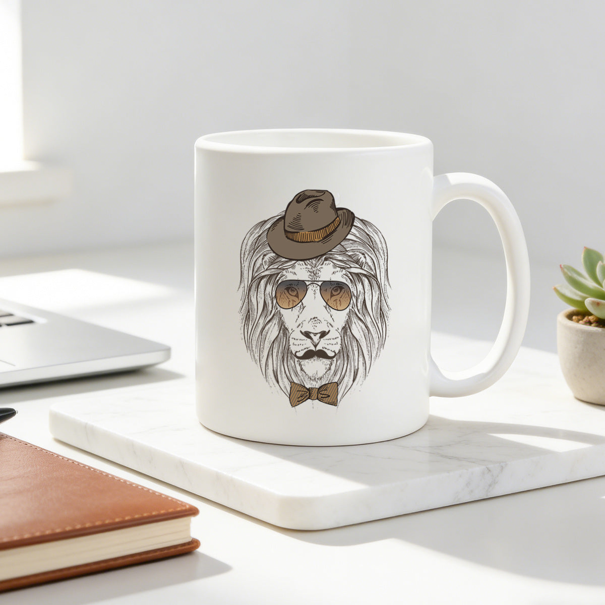 Tailorly White Ceramic 11 oz Mug - stylish lion in a hat and bow tie vintage artwork