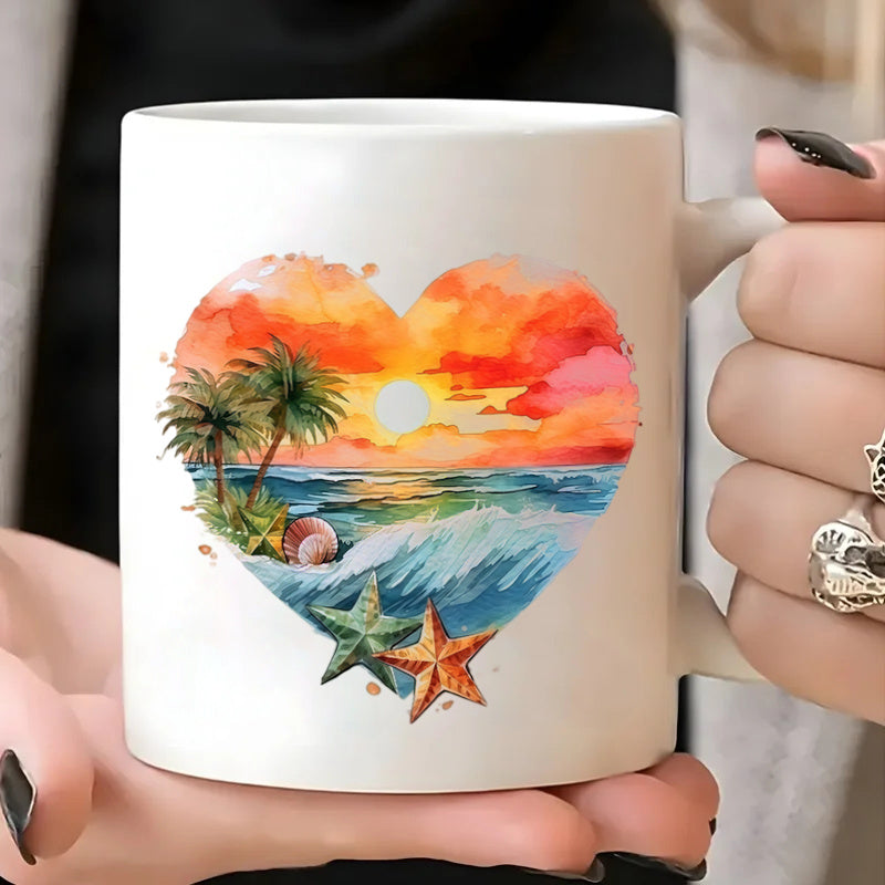 Tailorly White Ceramic 11 oz Mug - watercolor heart orange blue green coastal summer theme with palm trees seashell