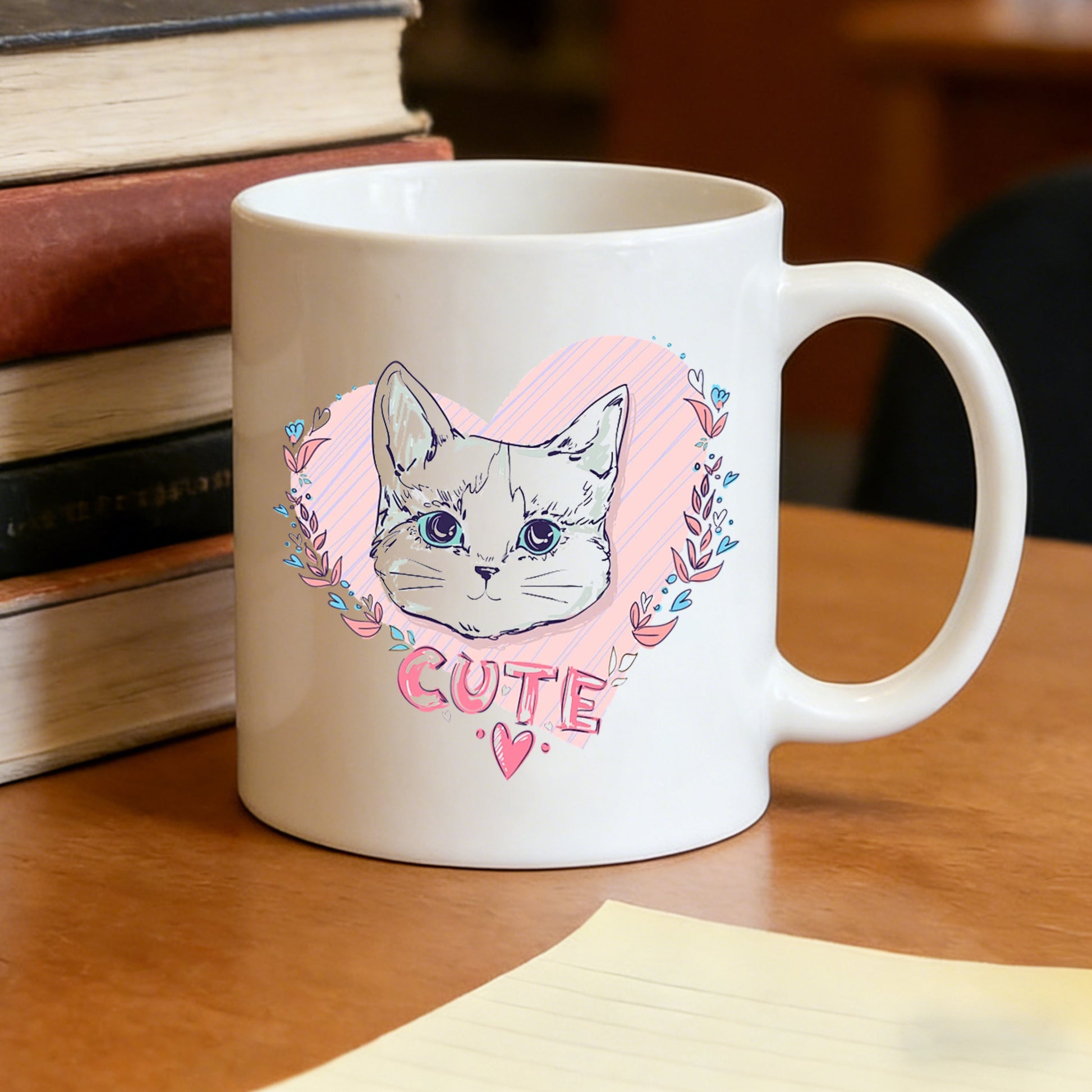 Tailorly White Ceramic 11 oz Mug - adorable white cat with floral elements