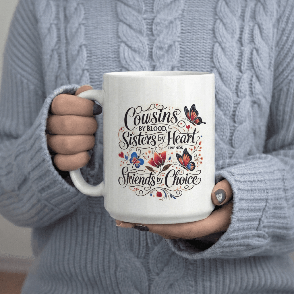 Tailorly White Ceramic 11 oz Mug - Cousins by Blood Friends text