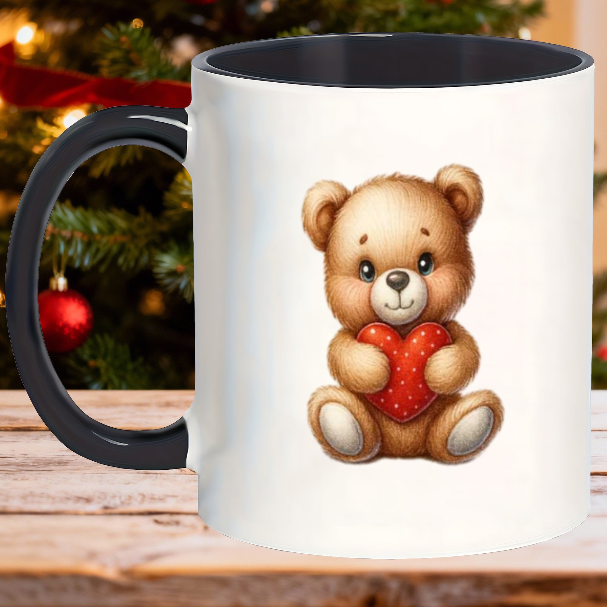 Tailorly Black Accent 11 oz Mug - adorable teddy bear holding heart