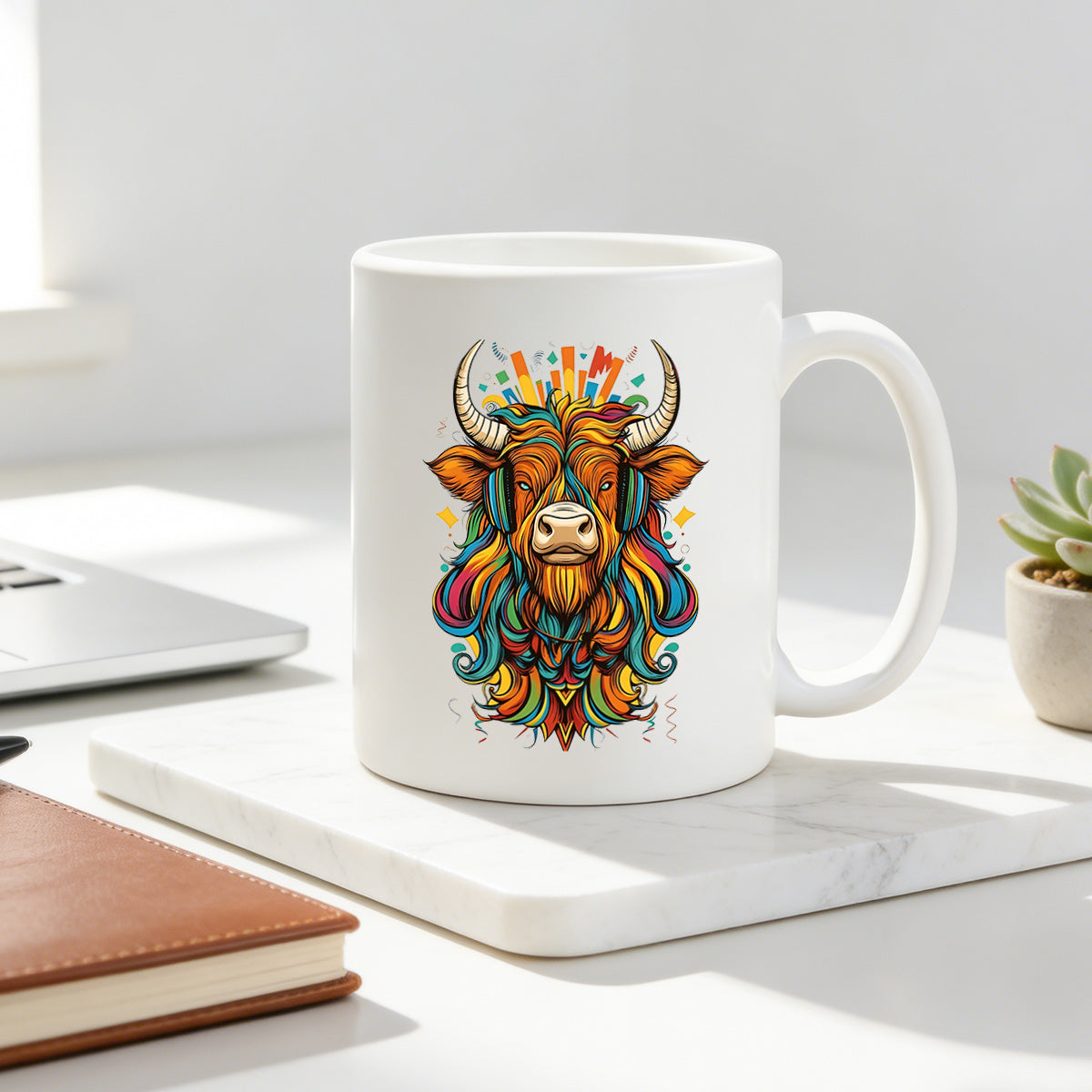 Tailorly White Ceramic 11 oz Mug - vibrant highland cow with headphones