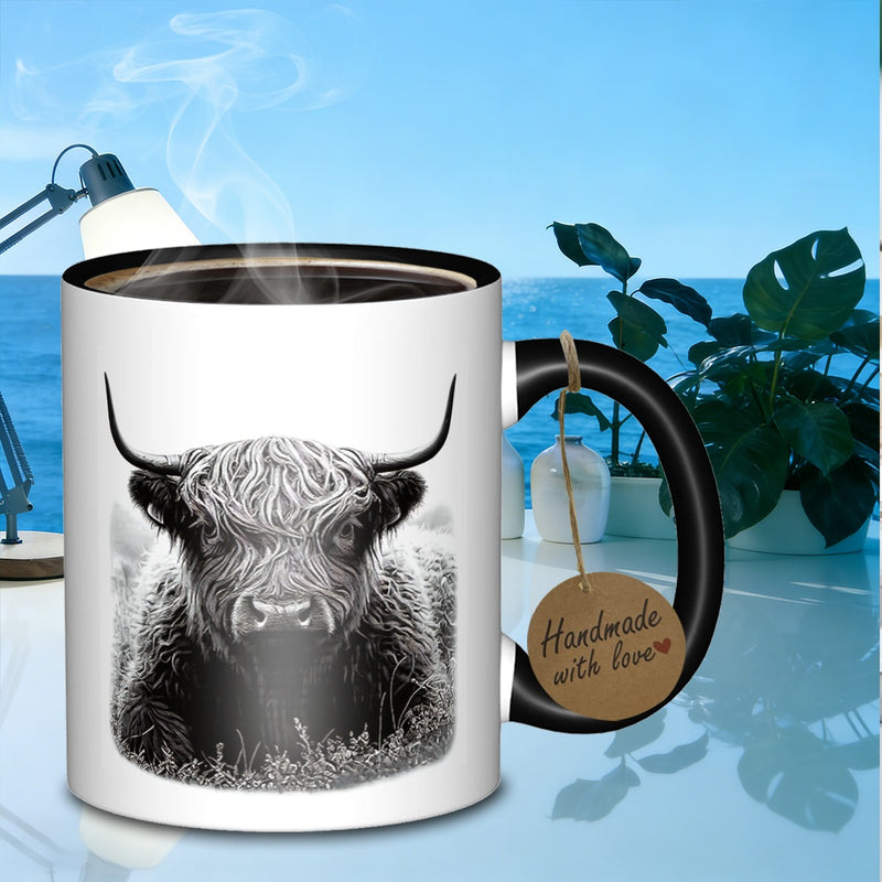 Tailorly Black Accent 11 oz Mug - portrait of a highland cow