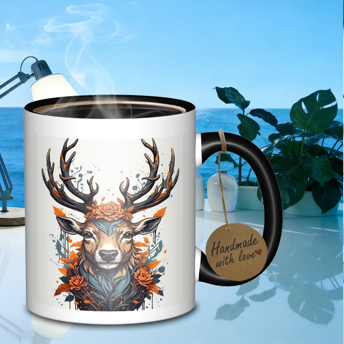 Tailorly Black Accent 11 oz Mug - floral deer portrait