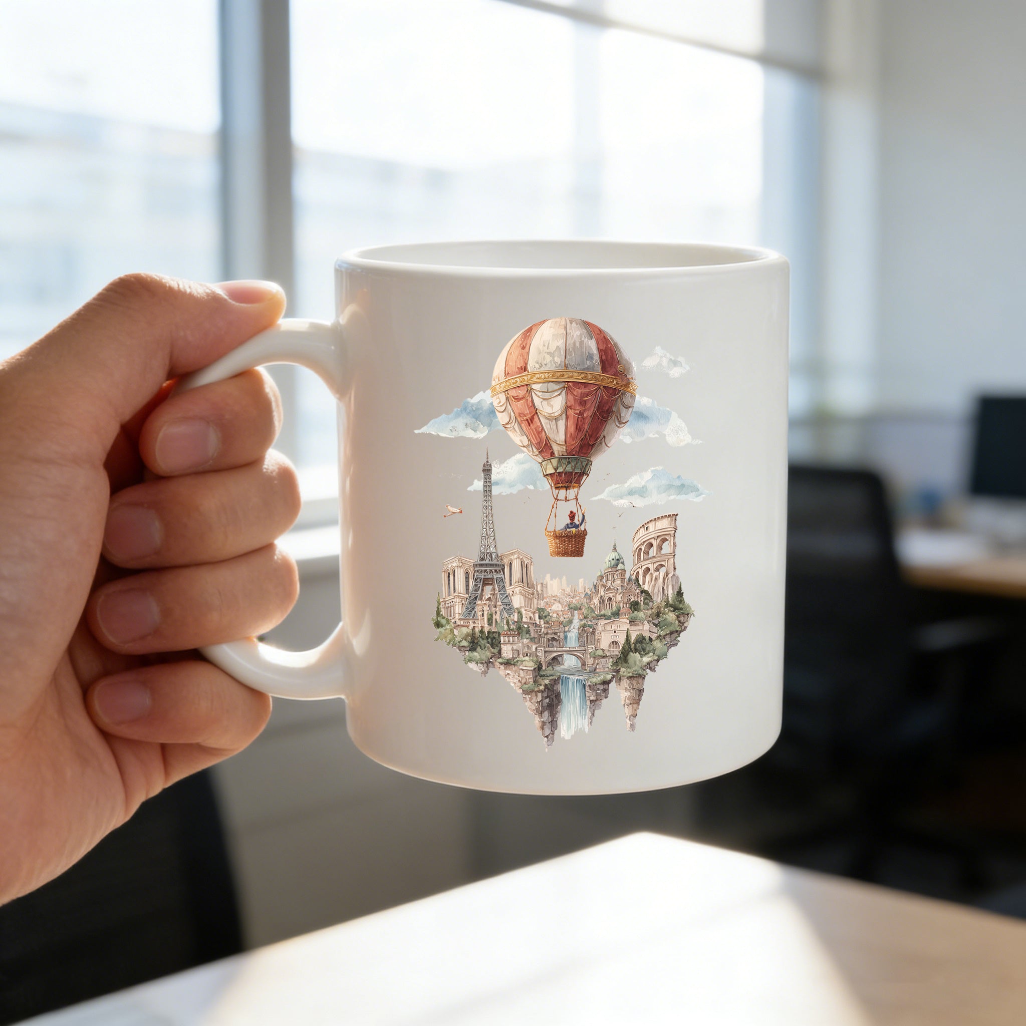 Tailorly White Ceramic 11 oz Mug - a hot air balloon above European landmarks