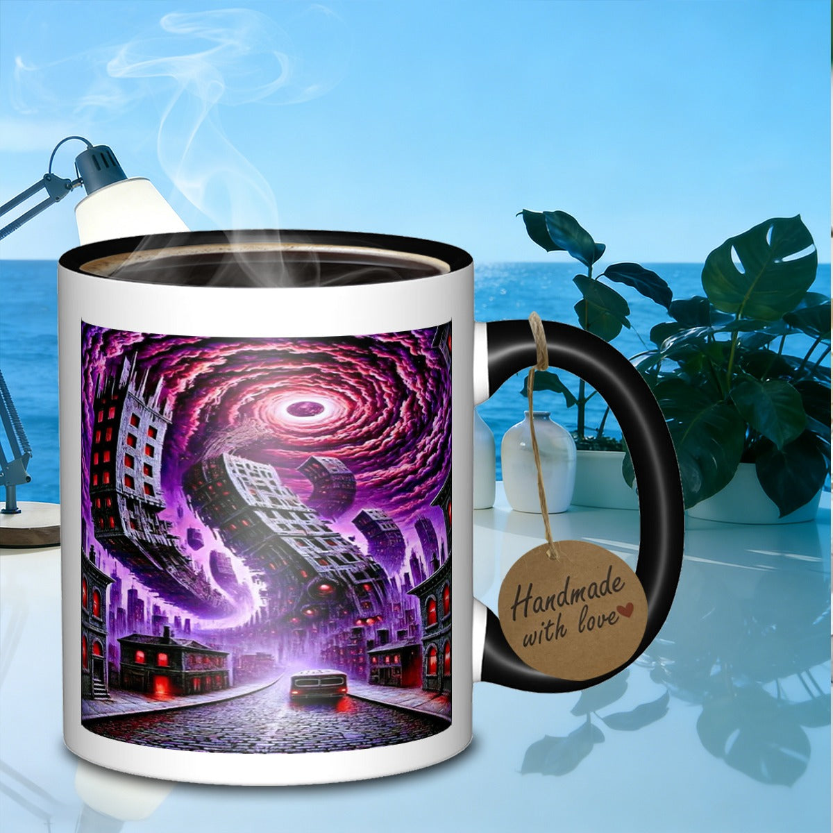 Tailorly Black Accent 11 oz Mug - sleek marble design featuring a cityscape for travelers