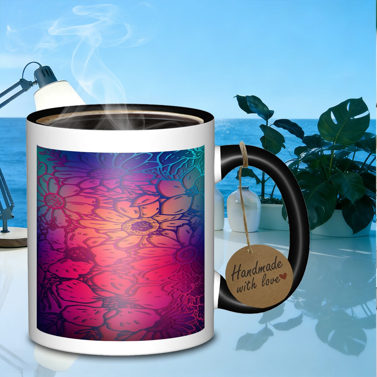 Tailorly Black Accent 11 oz Mug - floral gradient backdrop