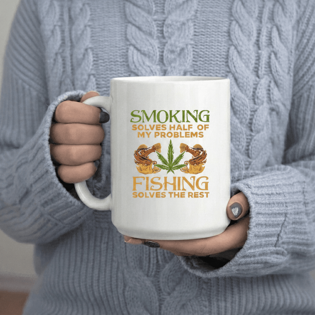 Tailorly White Ceramic 11 oz Mug - Smoking Half My Fishing 11oz Printed Ceramic Mug 11oz Printed Ceramic Mug 11oz Gothic Inspirational