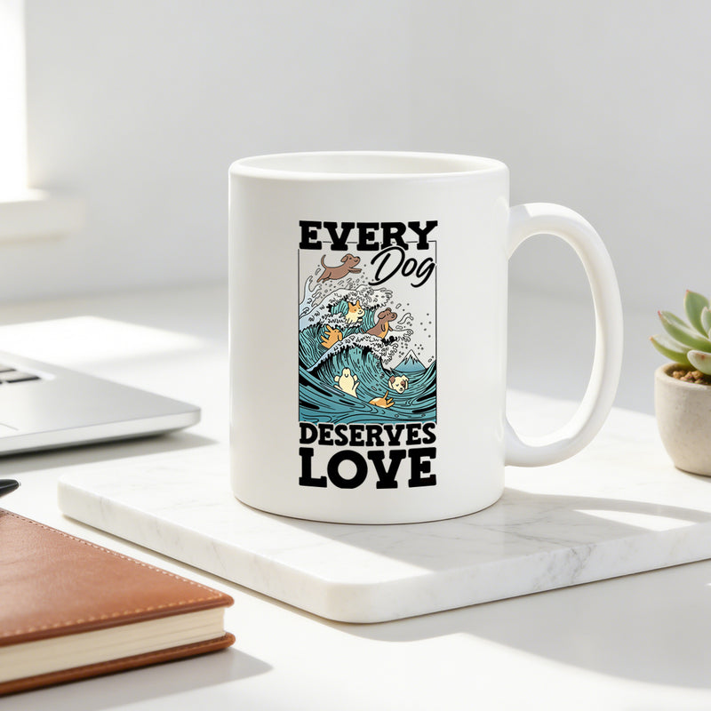 Tailorly White Ceramic 11 oz Mug - love， cute dogs， wave art