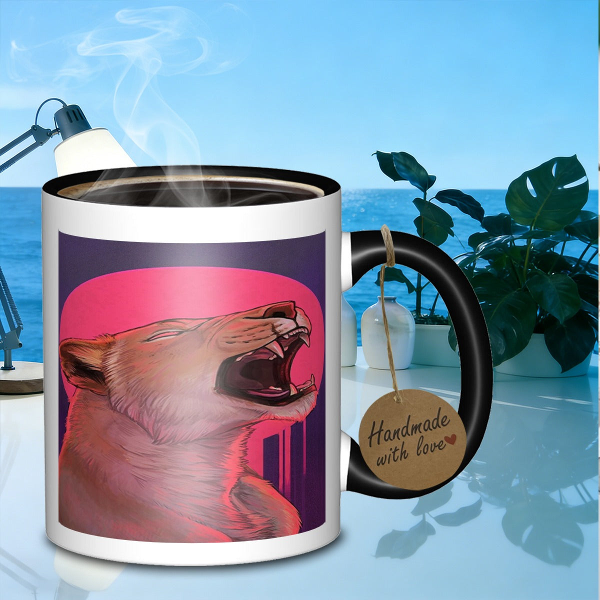 Tailorly Black Accent 11 oz Mug - portrait of a roaring animal