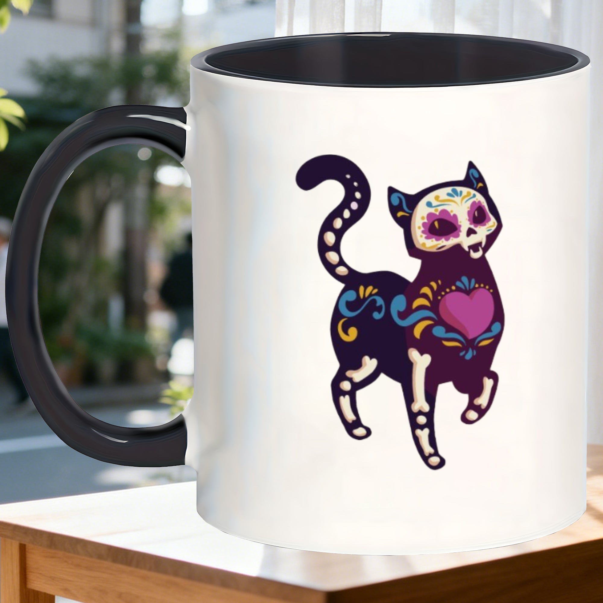 Tailorly Black Accent 11 oz Mug - gothic floral cat skull