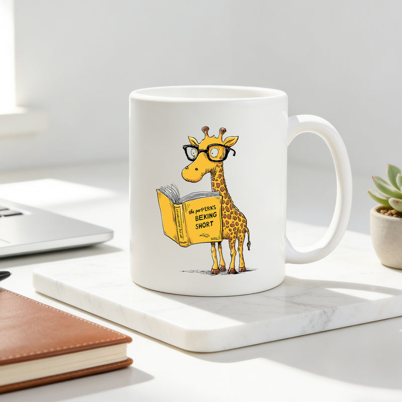 Tailorly White Ceramic 11 oz Mug - cartoon reading giraffe with glasses and book