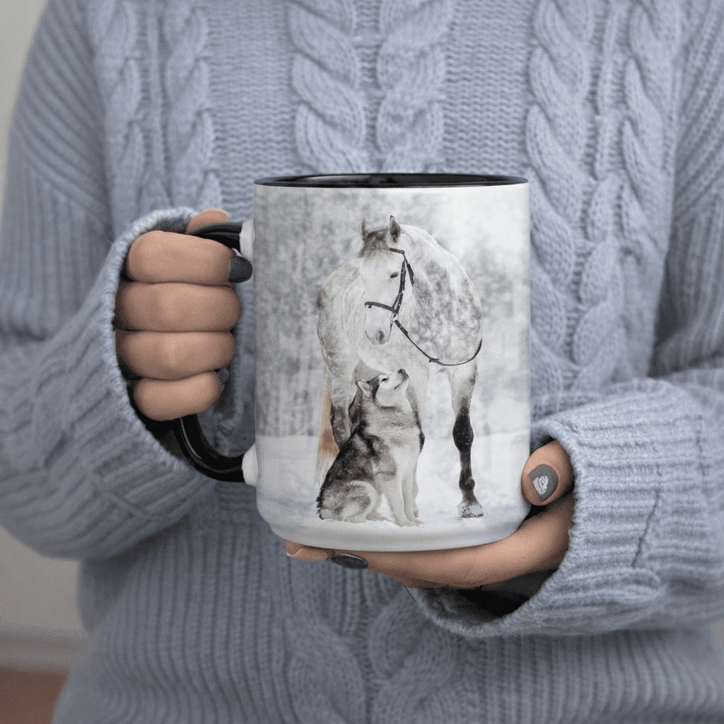 Tailorly Black Accent 11 oz Mug - A Horse And Snowy Woods