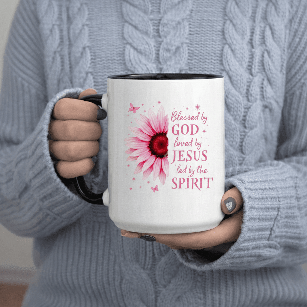 Tailorly Black Accent 11 oz Mug - Blessed by God with Flower