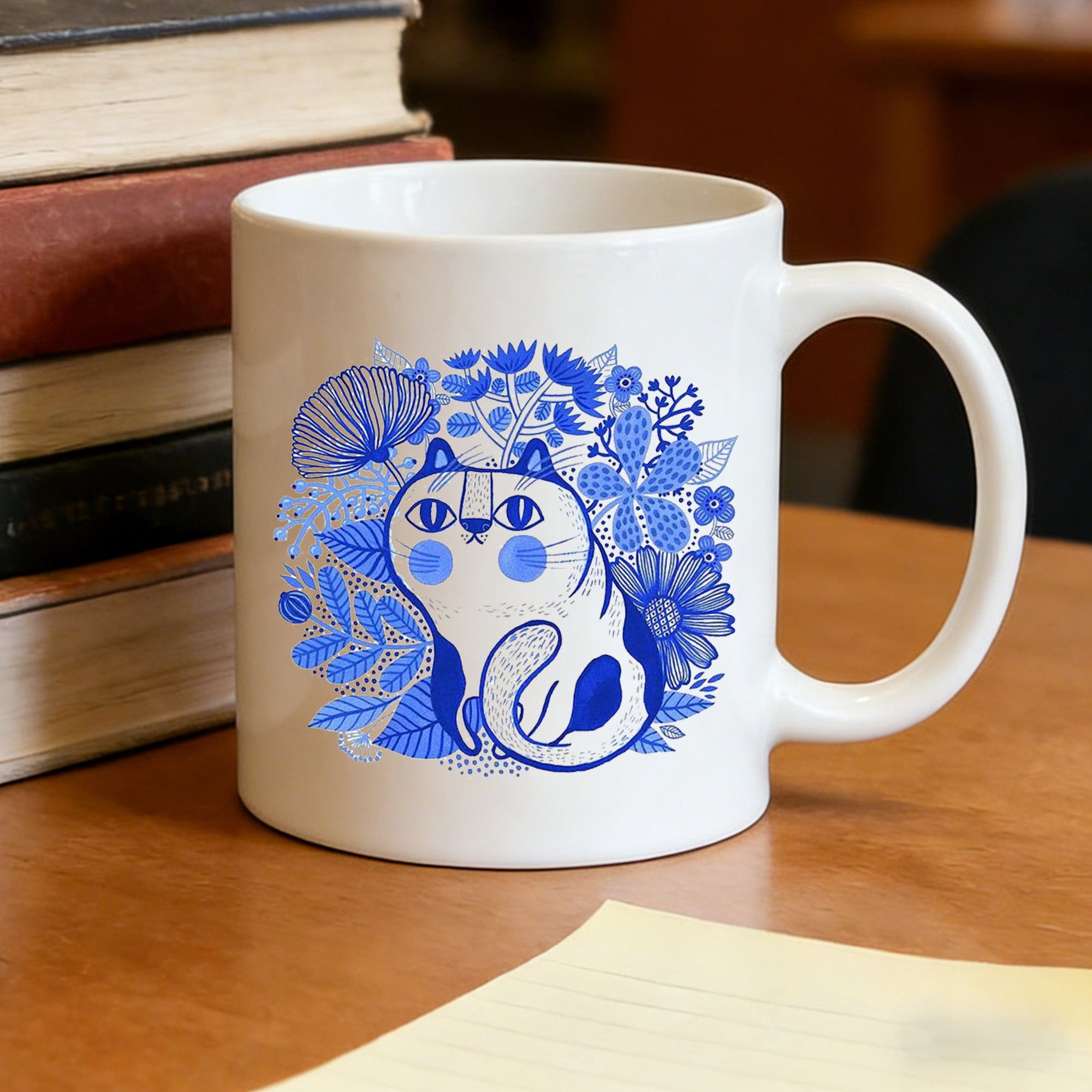 Tailorly White Ceramic 11 oz Mug - boho blue kitten botanical cat