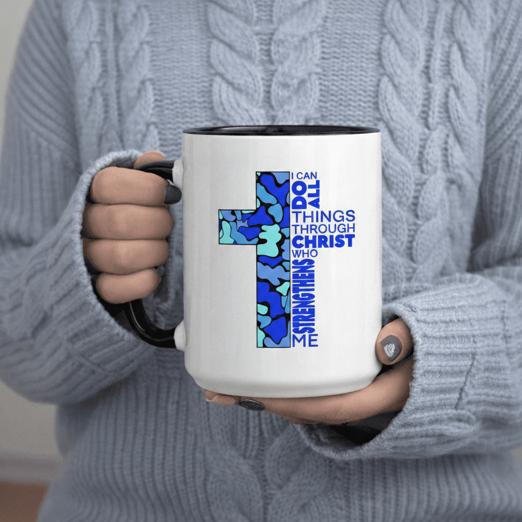 Tailorly Black Accent 11 oz Mug - All Things Through Who Strengthens Me text