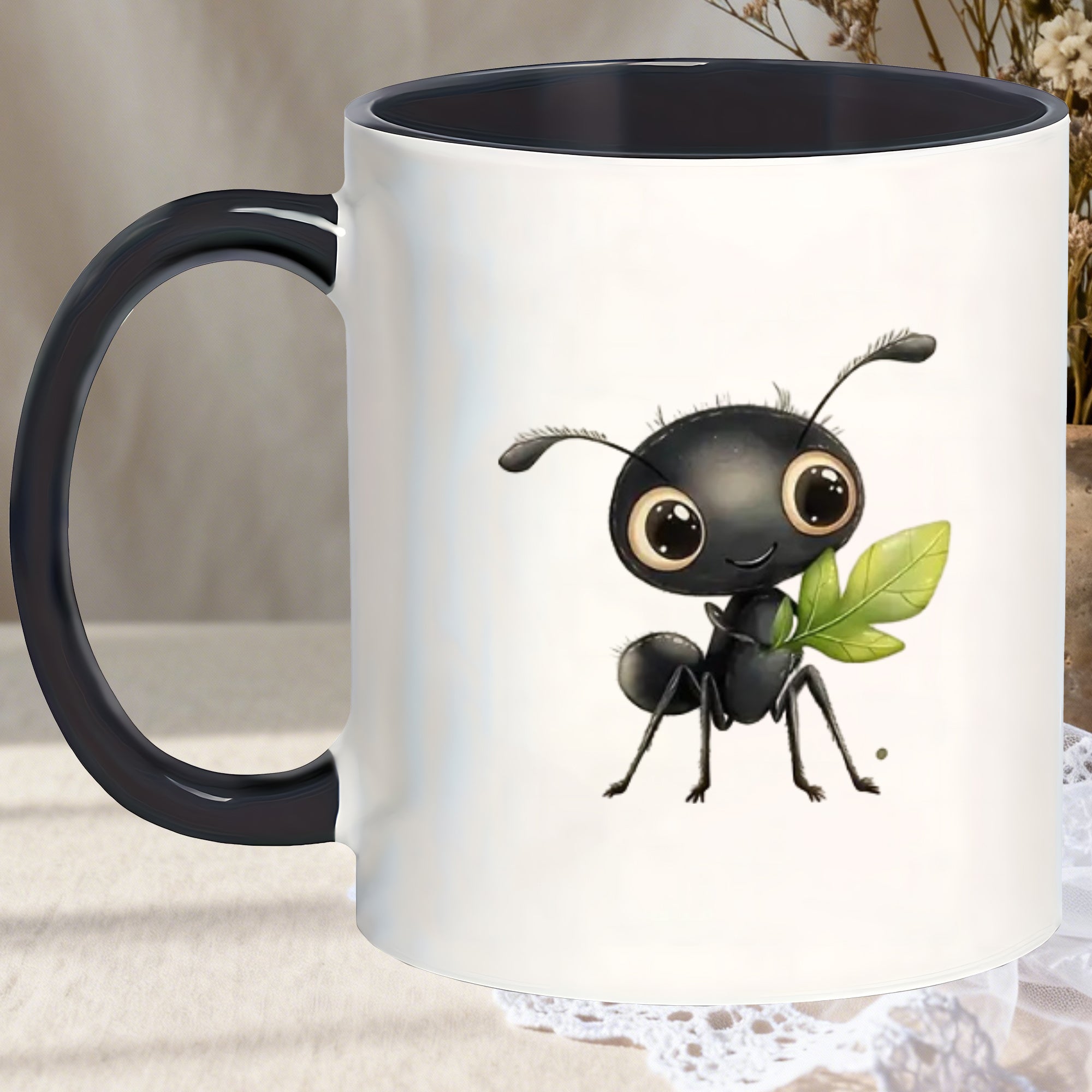 Tailorly Black Accent 11 oz Mug - cute ant holding leaf