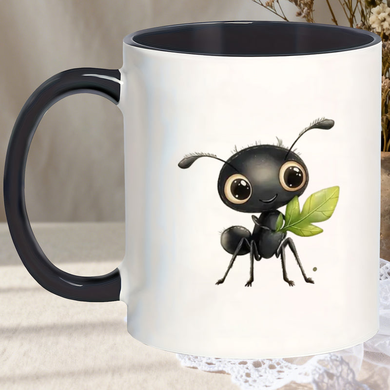 Tailorly Black Accent 11 oz Mug - cute ant holding leaf