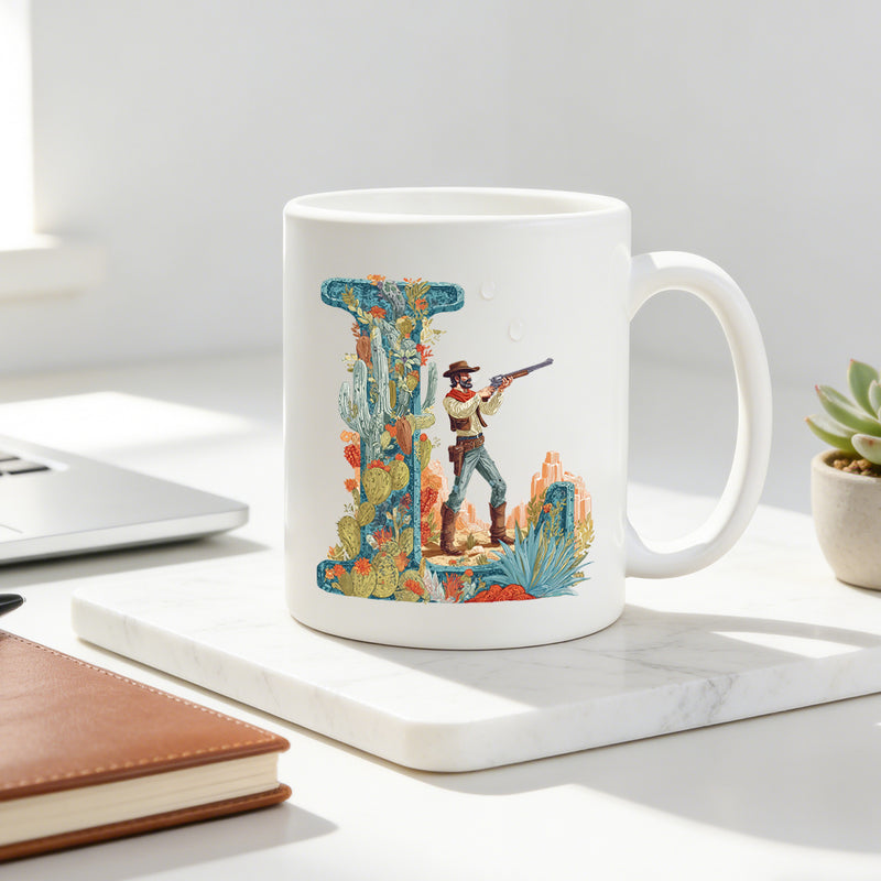 Tailorly White Ceramic 11 oz Mug - western letter vintage cowboy print