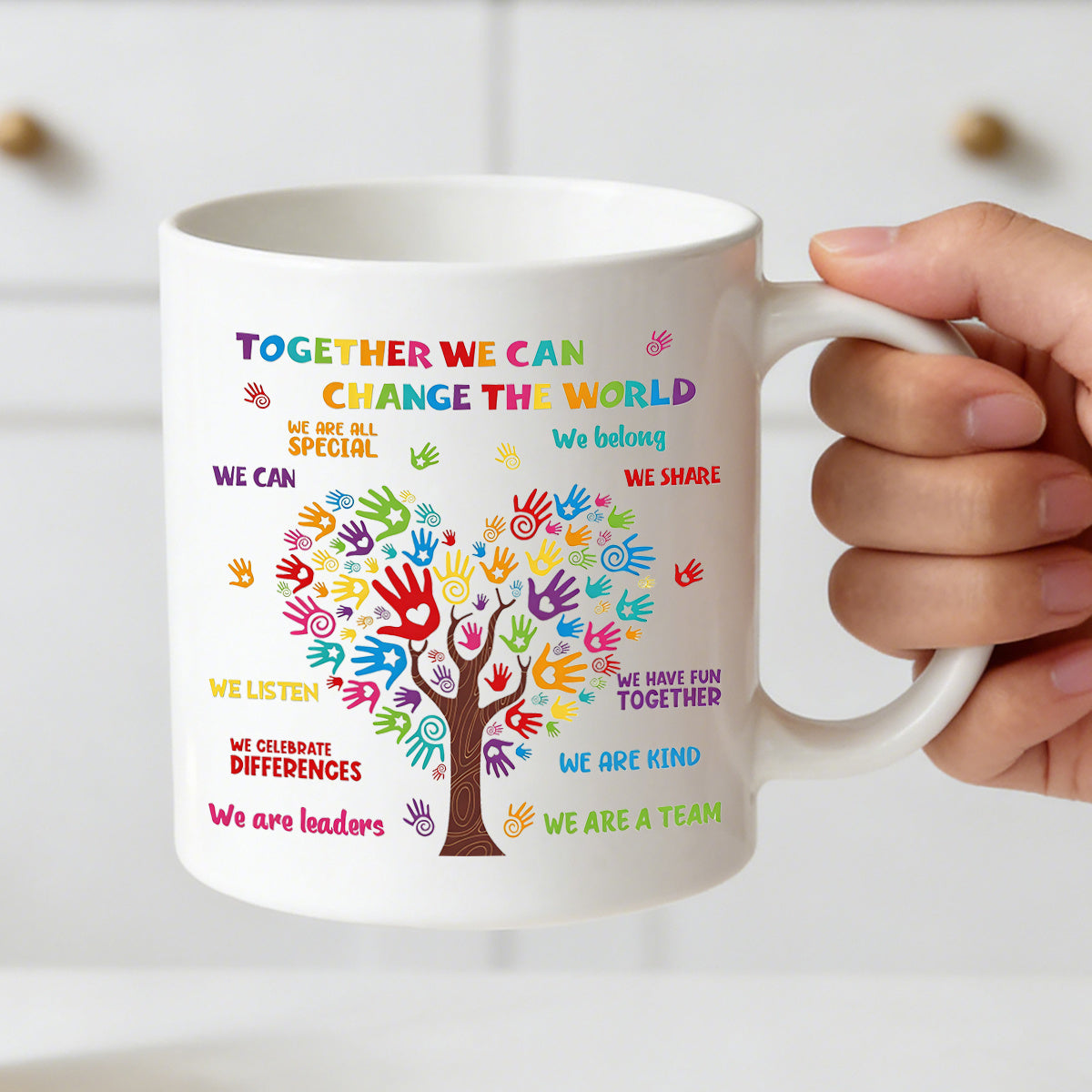 Tailorly White Ceramic 11 oz Mug - colorful handprint
