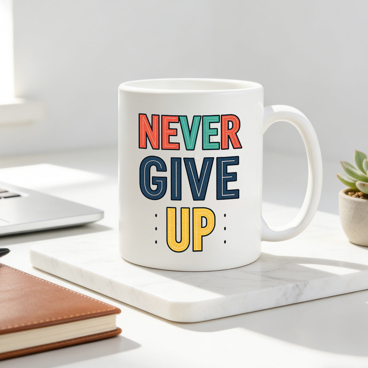 Tailorly White Ceramic 11 oz Mug - never give up text