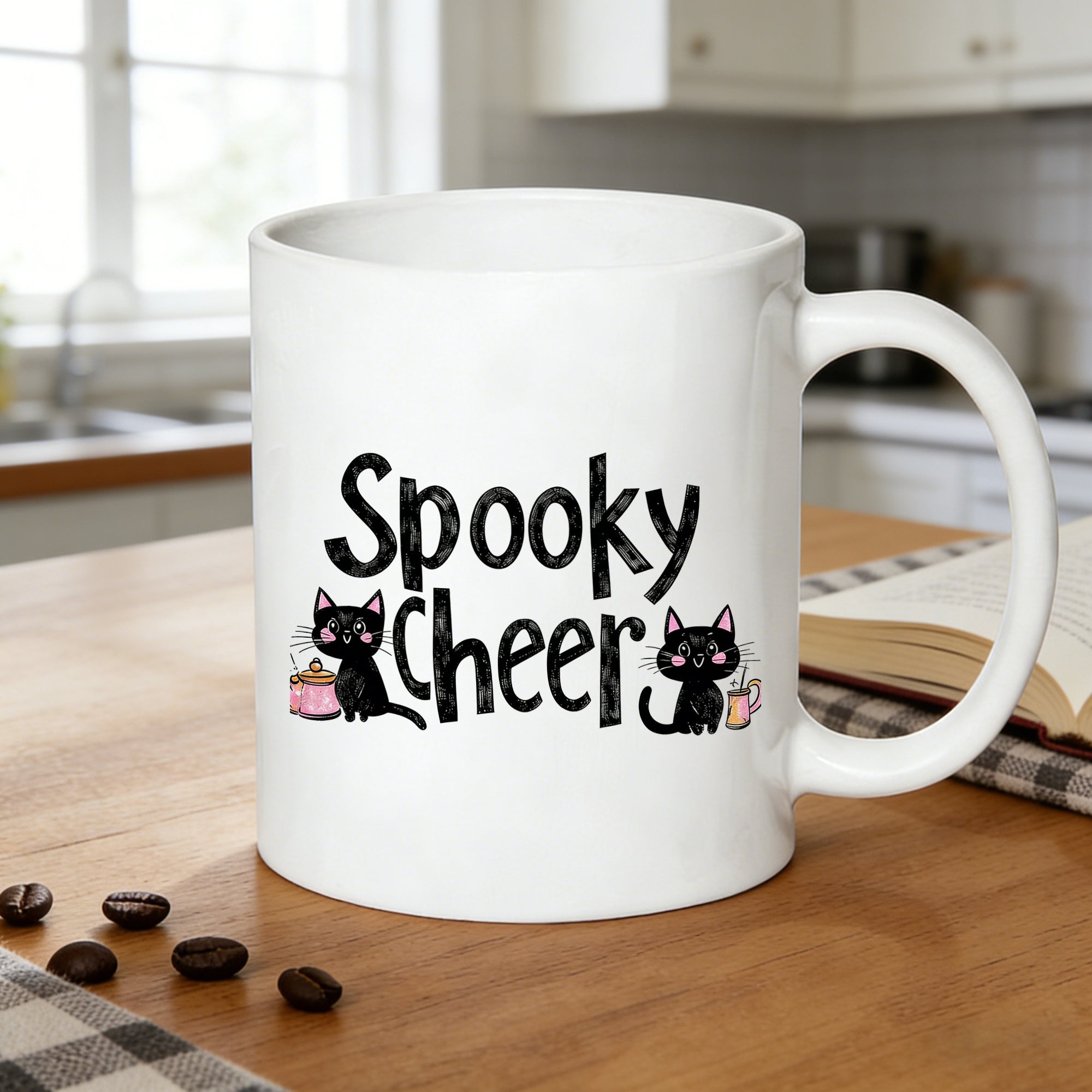 Tailorly White Ceramic 11 oz Mug - spooky cheers black cat with teacups print