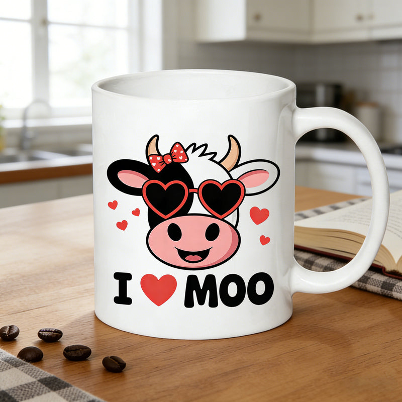 Tailorly White Ceramic 11 oz Mug - a cow wearing heart shaped glasses and a bow