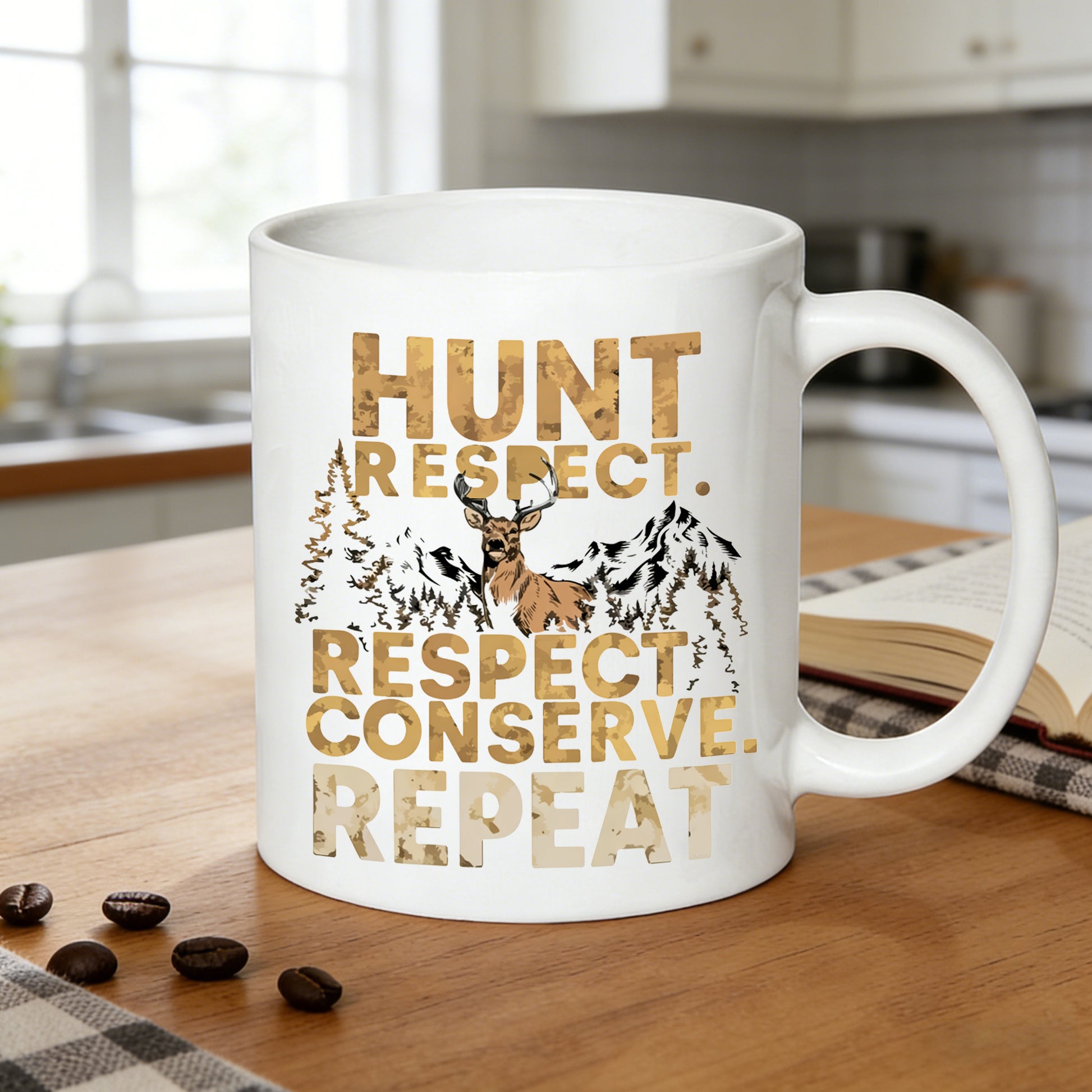 Tailorly White Ceramic 11 oz Mug - hunt repeat mountain print