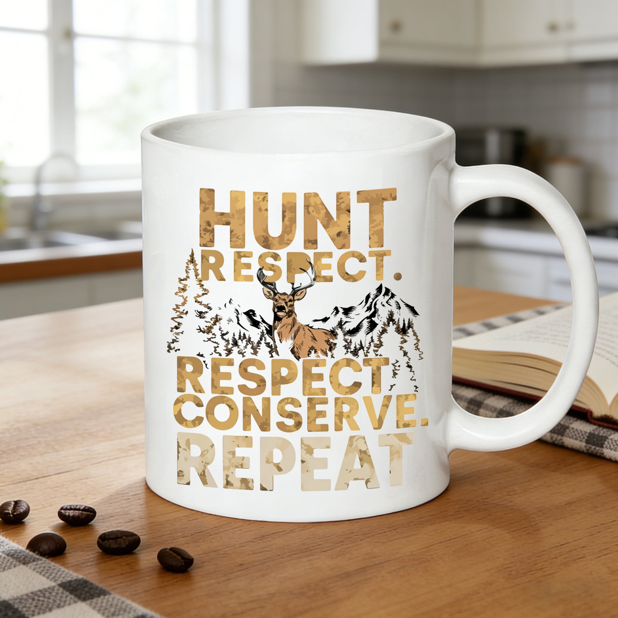 Tailorly White Ceramic 11 oz Mug - hunt repeat mountain print