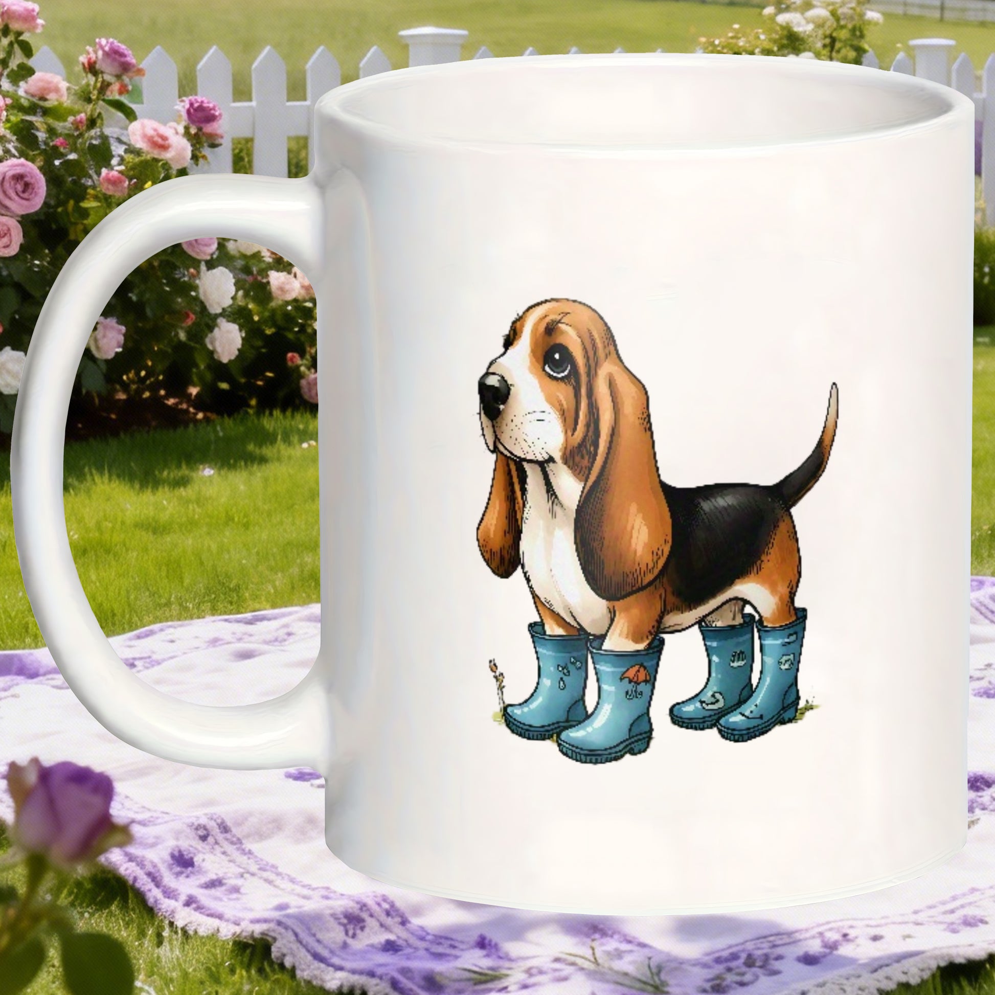 Tailorly White Ceramic 11 oz Mug - baguette hound in rain theme