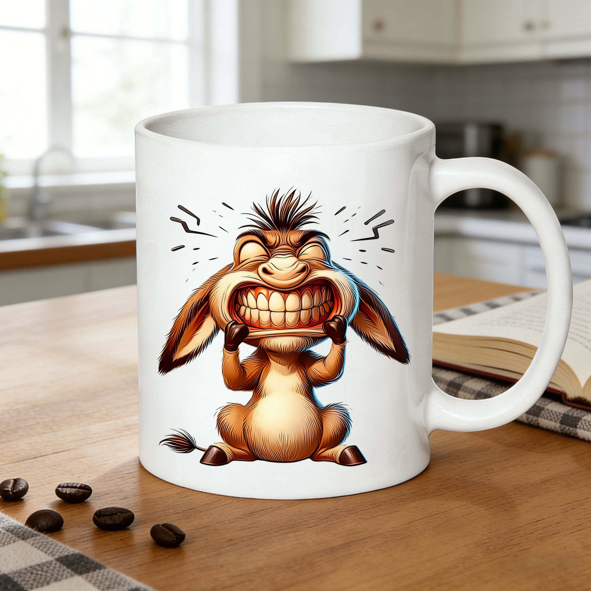 Tailorly White Ceramic 11 oz Mug - laughing donkey cartoon donkey grinning