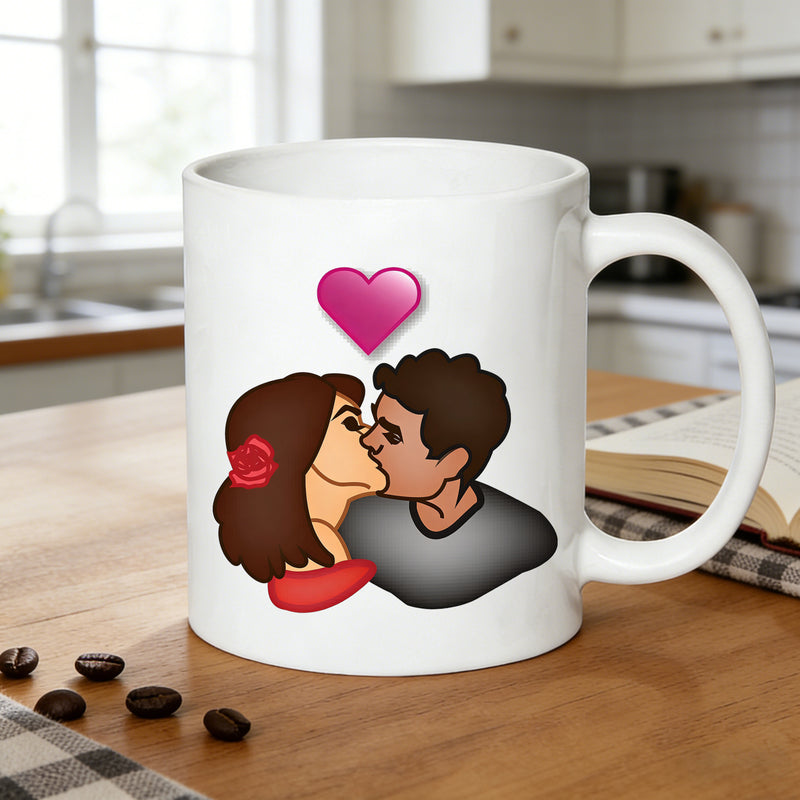 Tailorly White Ceramic 11 oz Mug - cartoon romantic couple kissing and a heart