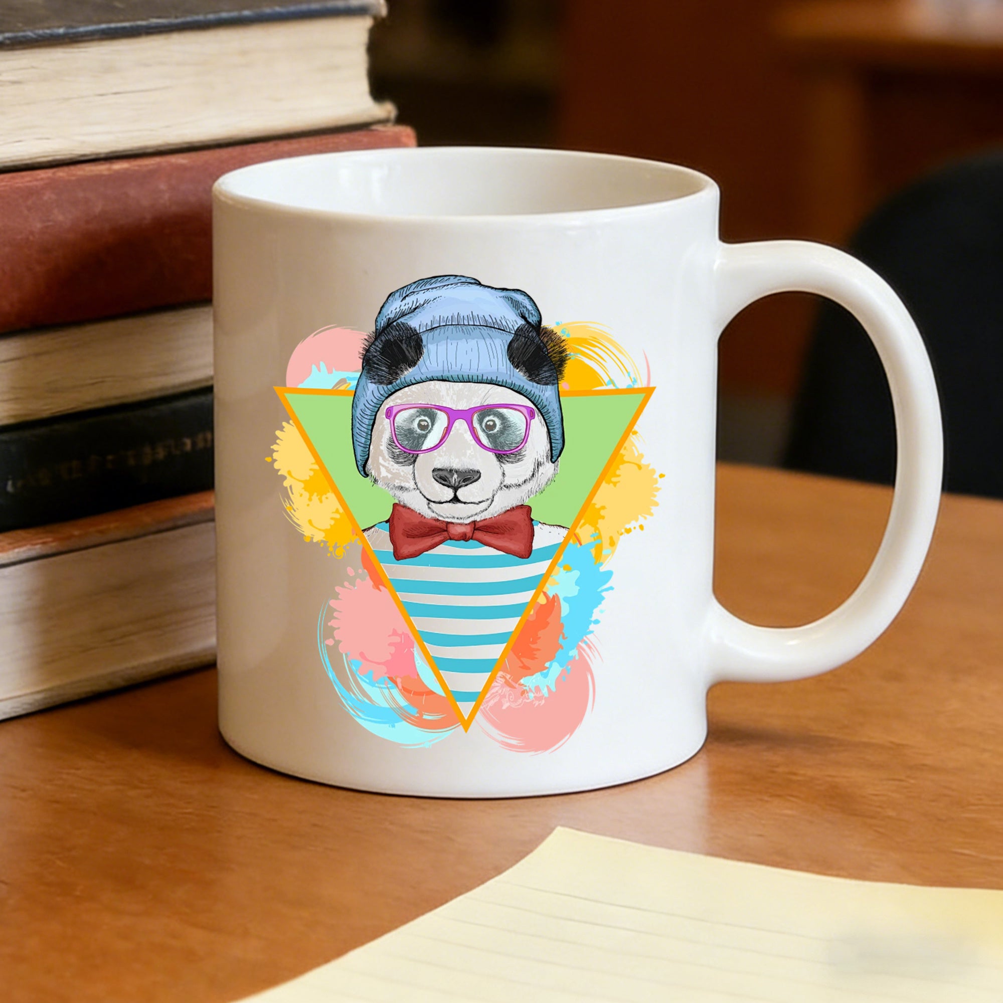 Tailorly White Ceramic 11 oz Mug - panda wearing beanie and glasses with stripes